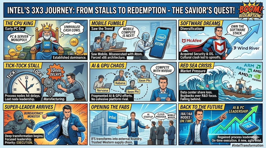 Intel's 3x3 Journey infographic: nine comic panels charting the rise, stalls, and redemption from the CPU King era through mobile, software, AI, the manufacturing tick-tock stall, market pressure, the arrival of a super-leader, opening the fabs, and the 18A/14A on-time turnaround.