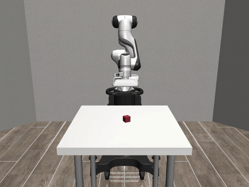 Simulated arm lifting a cube while acting on a 600 ms stale observation